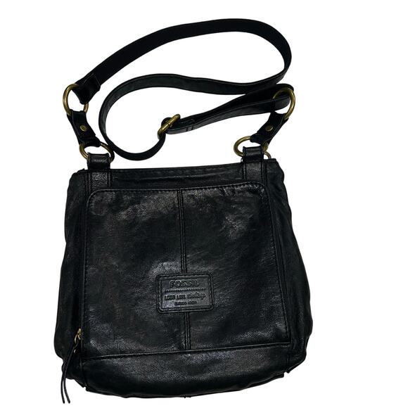 Fossil Black Leather Multipocket Crossbody Bag Handbag Purse Brass Hardware - Picture 1 of 15